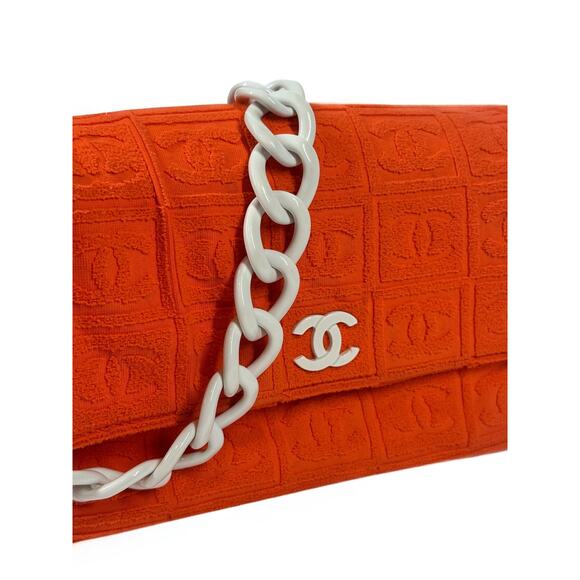 Chanel Orange Terry Cloth Sport Line Flap Bag w White Resin Chainlink Hardware - Picture 4 of 8